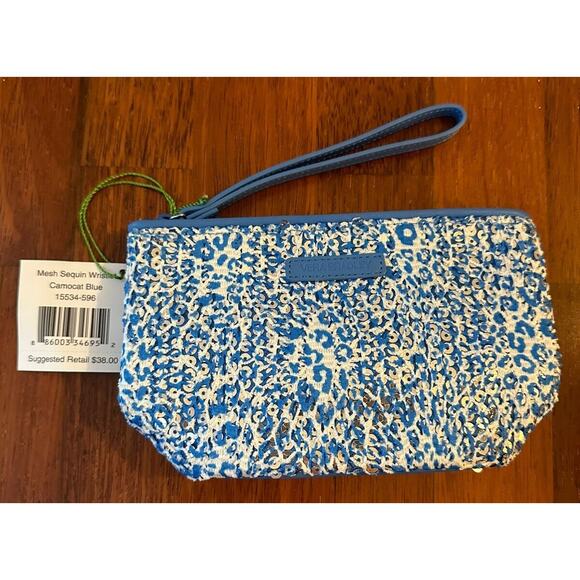 Vera Bradley Handbags - VERA BRADLEY Mesh Sequin Wristlet Purse Camocat Blue Sparkly Animal Print NEW